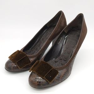 Coach Brown Snake Embossed Heel with Suede Bow 6.5